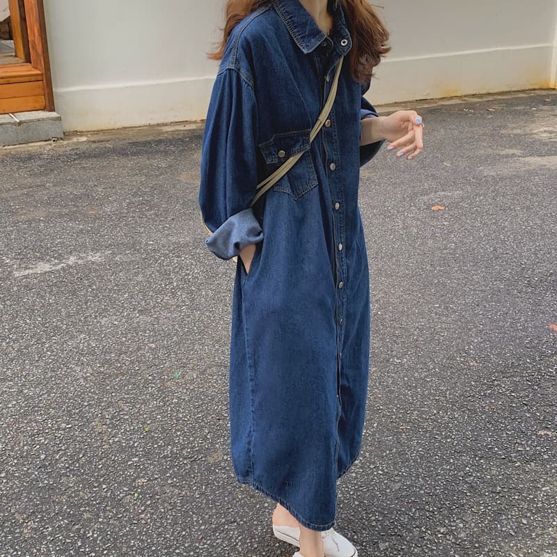 ロングワンピース レトロ風デニムシャツワンピース 長袖ゆったり膝下丈