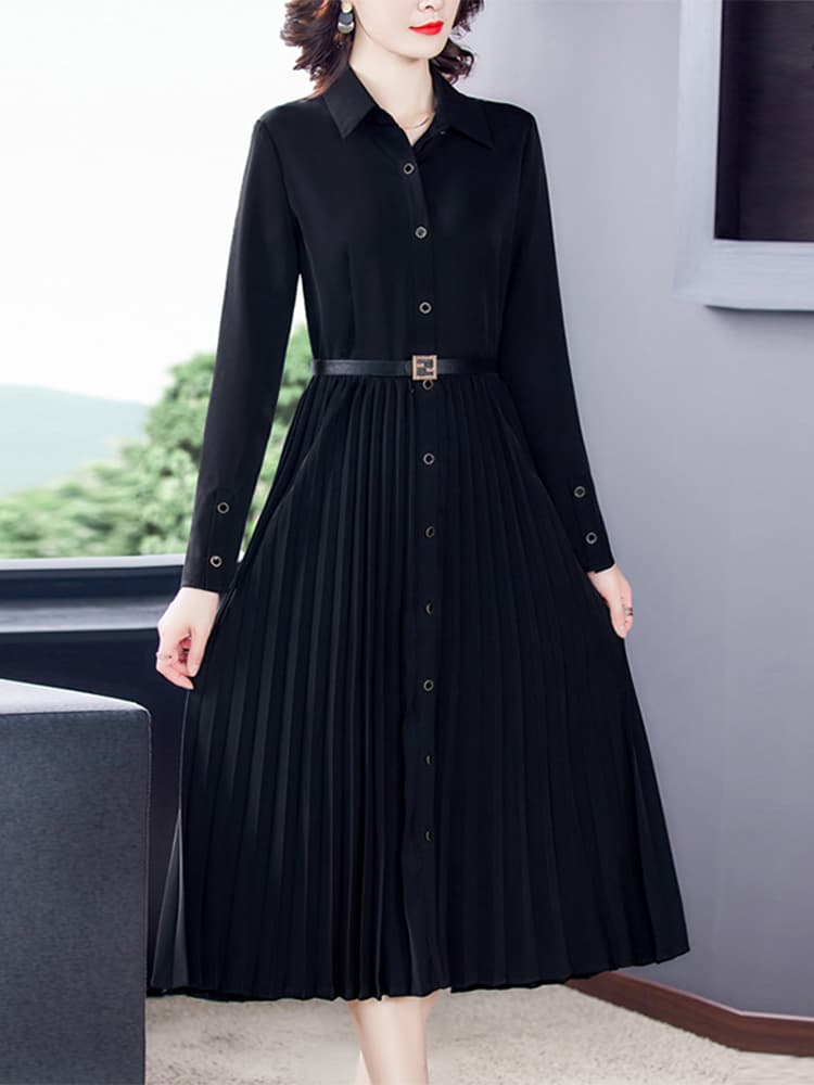 ロングワンピース シャツ プリーツスカート付きシャツワンピース