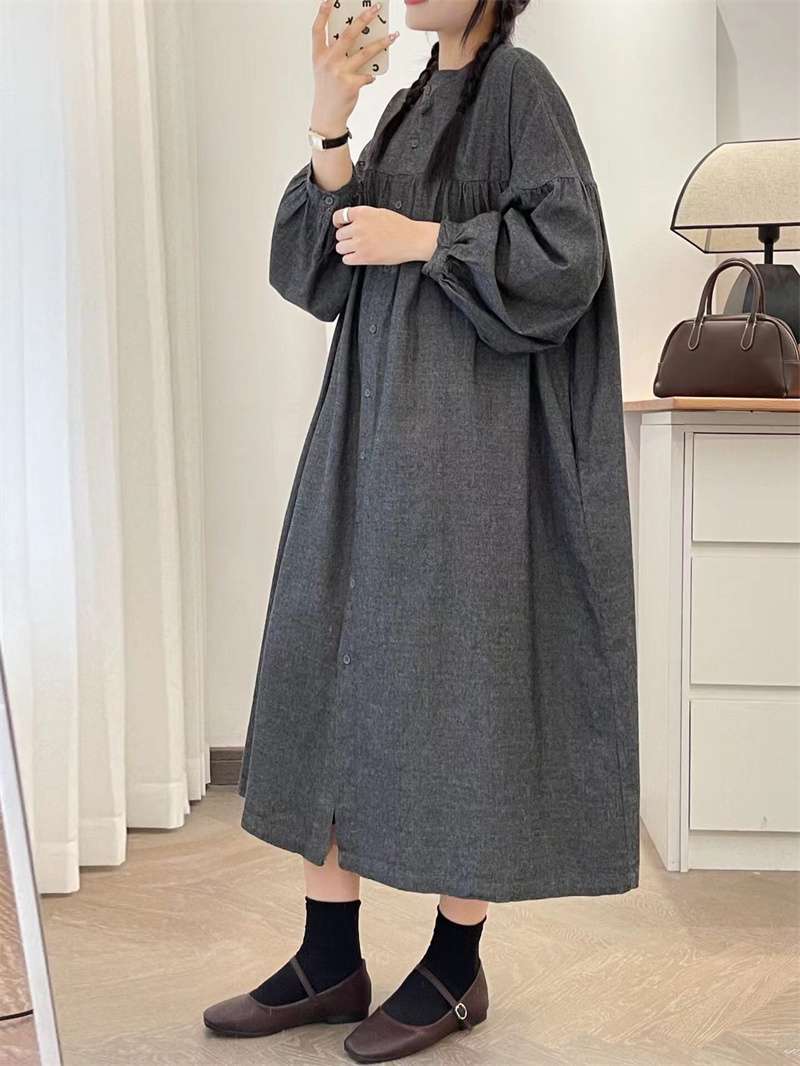 ロングワンピース ギャザーフリル襟 シャーリング ロングワンピース