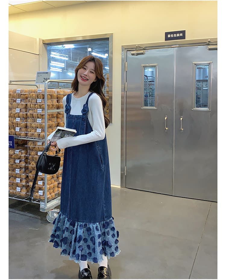 ロングワンピース ハートフリルデニムサロペットワンピース