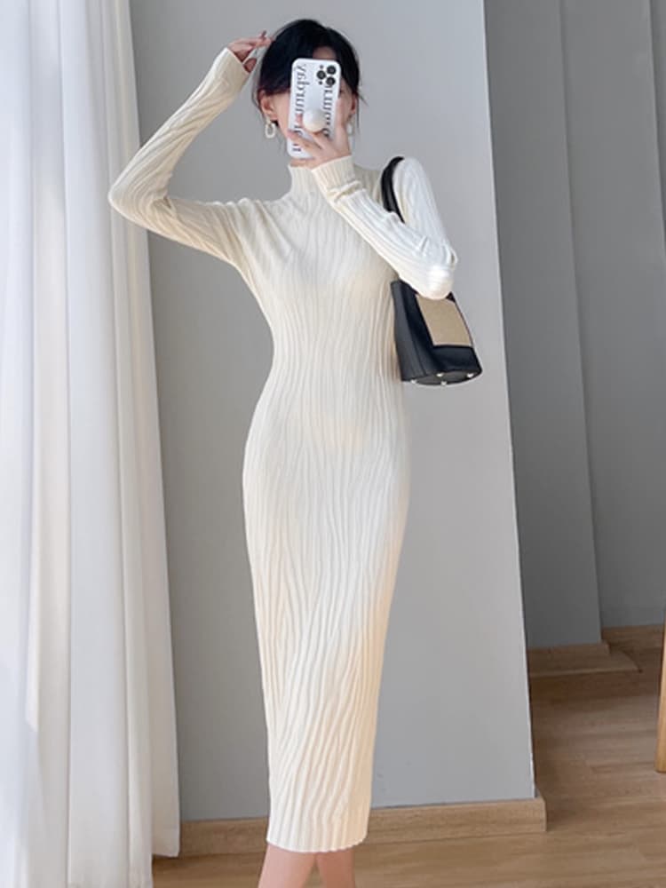 ロングワンピース ニット 縦リブ編み ハイネック スリムワンピース