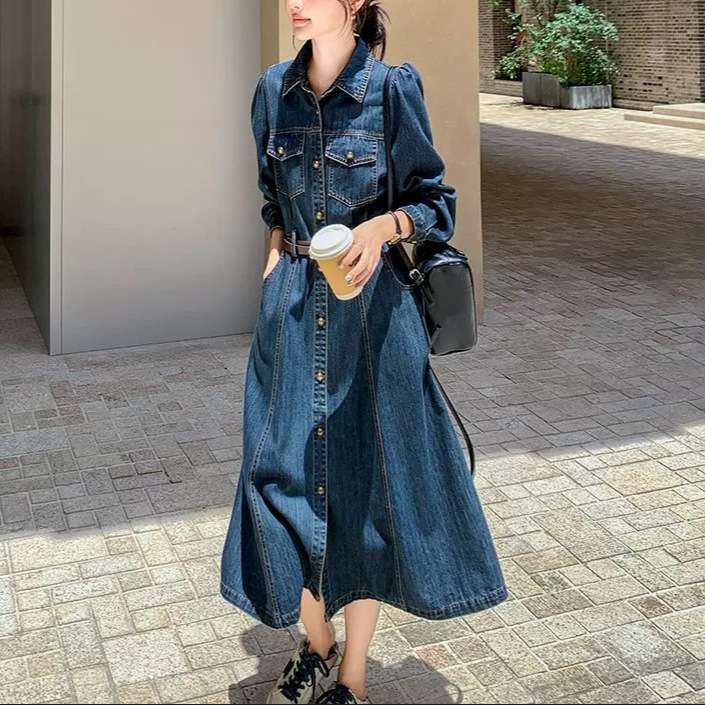 ロングワンピース フレア切替デニムワンピース