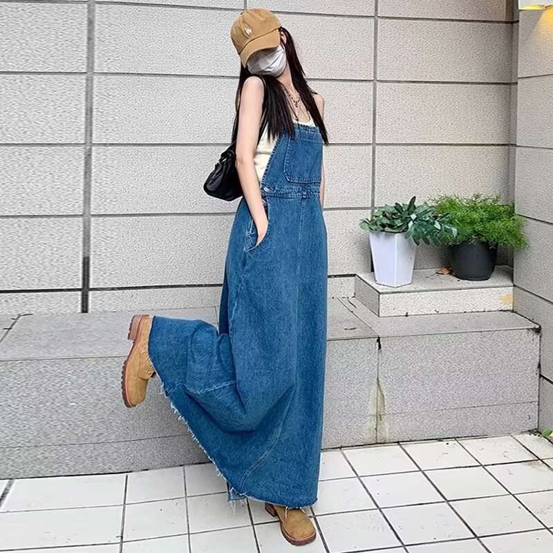 ロングワンピース ゆったりデニムサロペットワンピース