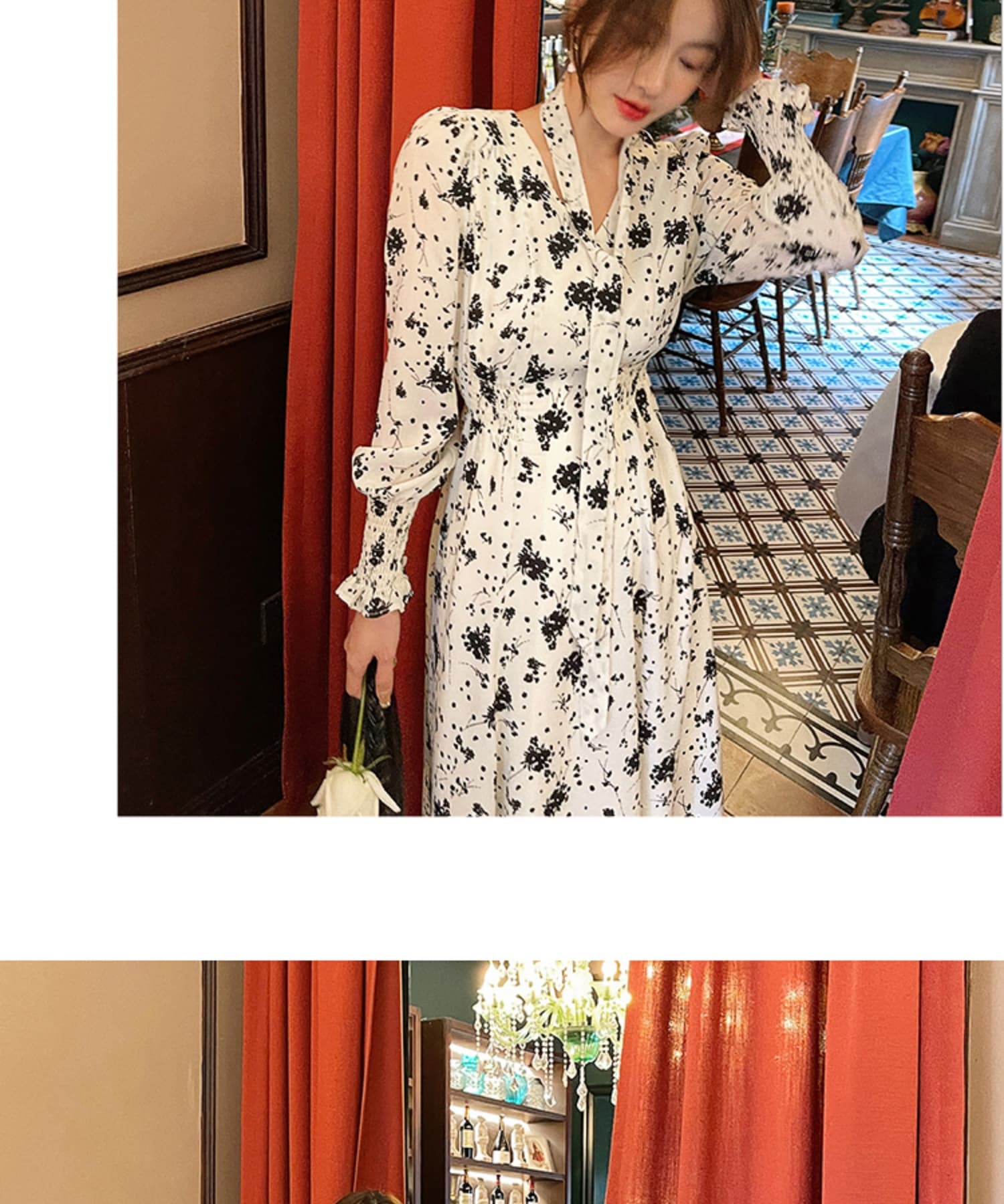 ロングワンピース シャツ 花柄プリント長袖襟付きロングワンピース