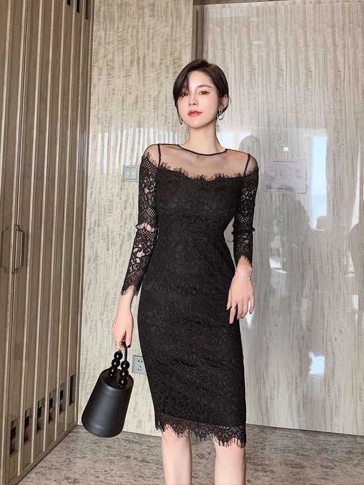 ロングワンピース レース シースルーレース切替ワンピース