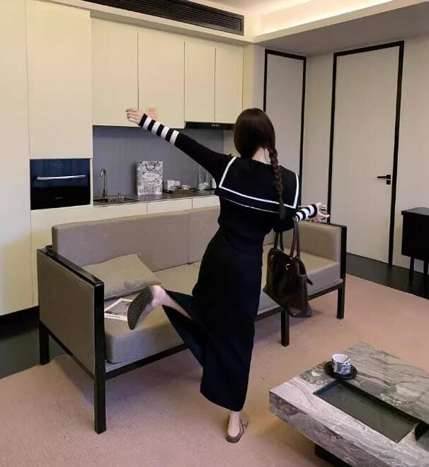 秋冬新作 セーラー風ニット ロングワンピース