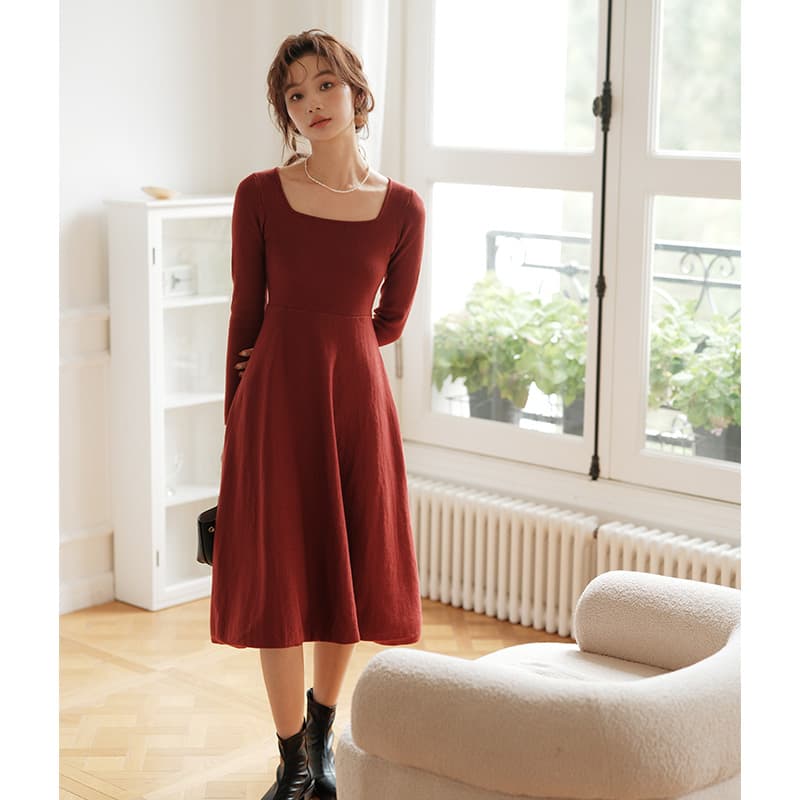 ロングワンピース ニット スクエアネック フレア ニットワンピース