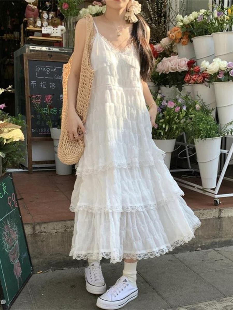 ロングワンピース レース ティアードレース重ね重ねマキシ丈ワンピース
