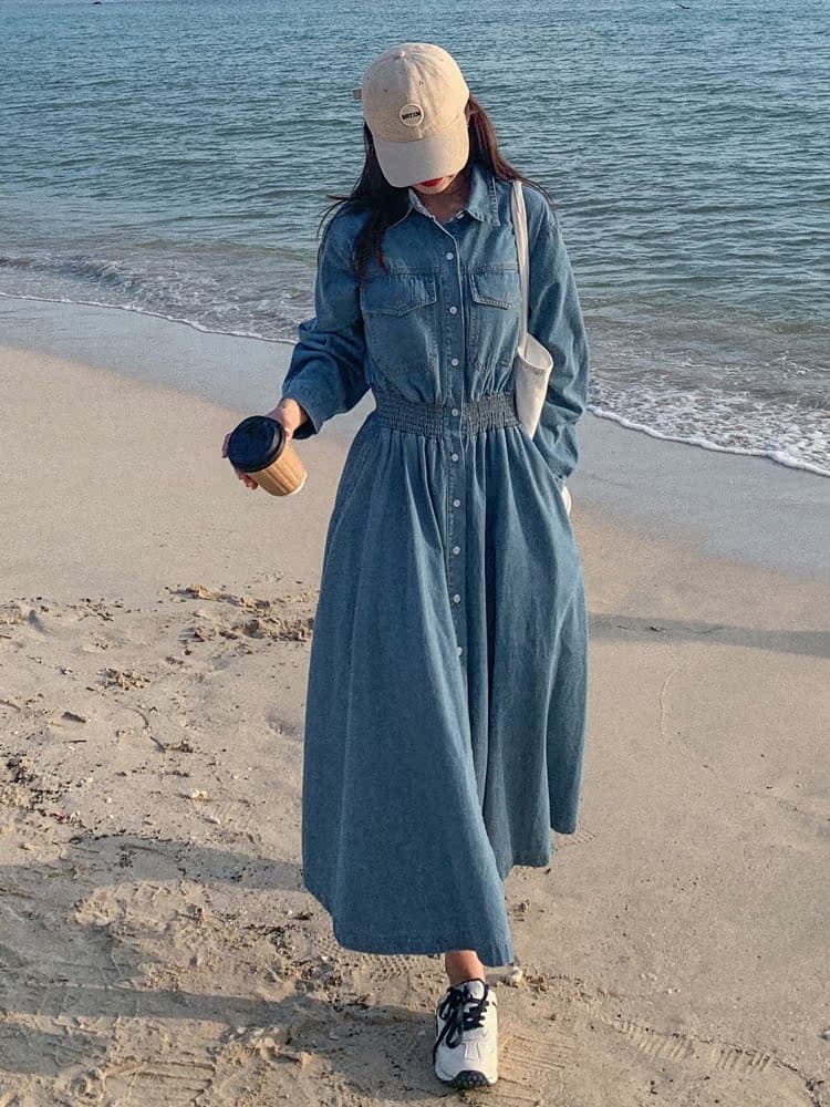 ロングワンピース デニム ウエストゴム入りシャツ襟長袖デニムロングワンピース