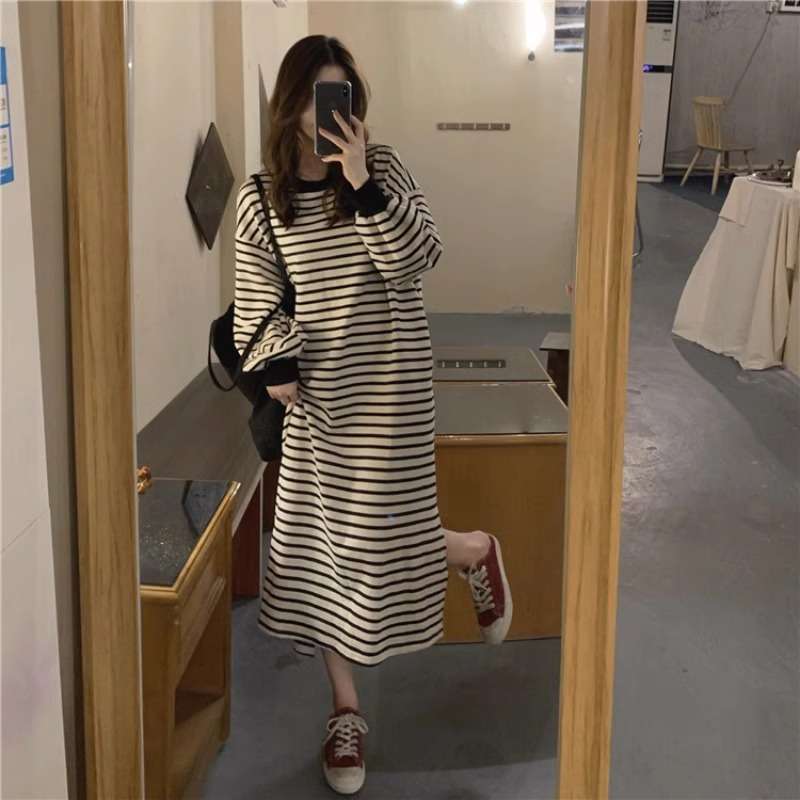 ロングワンピース シンプルボーダーゆるふわワンピース