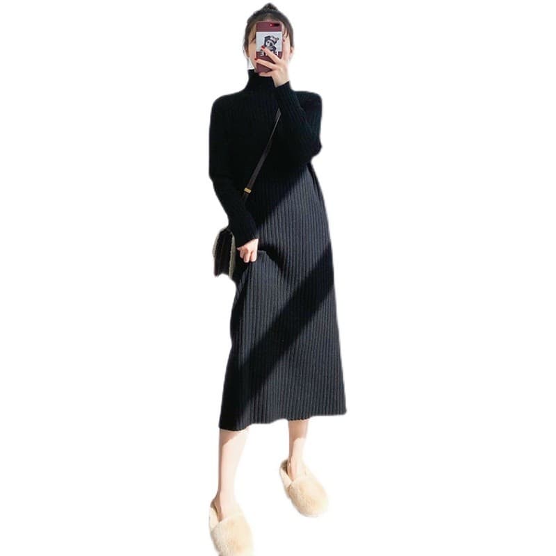 ロングワンピース ニット タートルネックリブ編みロングワンピース