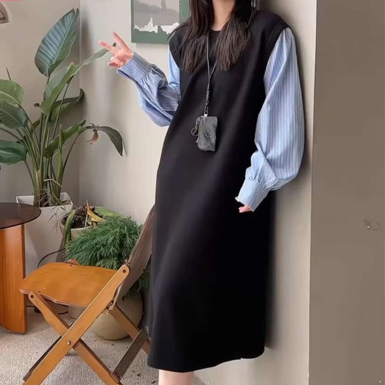 ロングワンピース コットン袖切替ロングワンピース