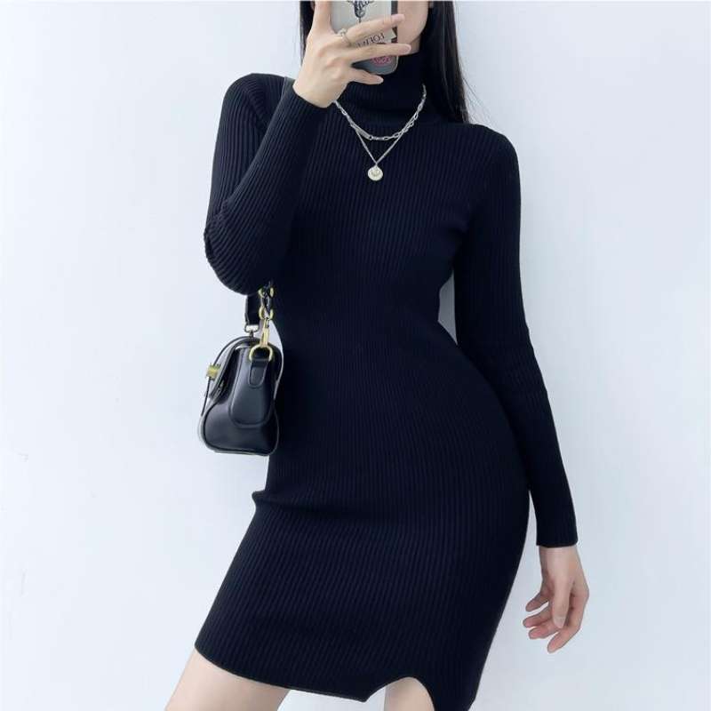 ロングワンピース リブ編み美シルエットタートルネックワンピース