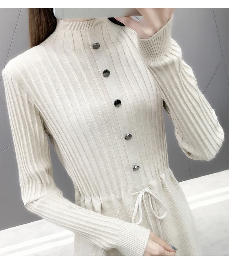 ロングワンピース レース付きリブニット ハイネックワンピース