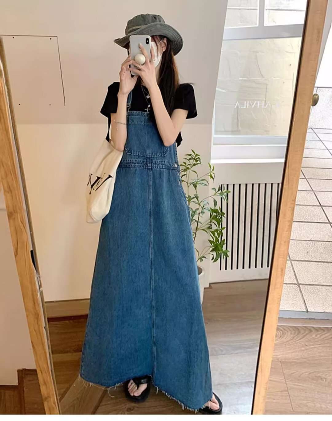 ロングワンピース ゆったりデニムサロペットワンピース