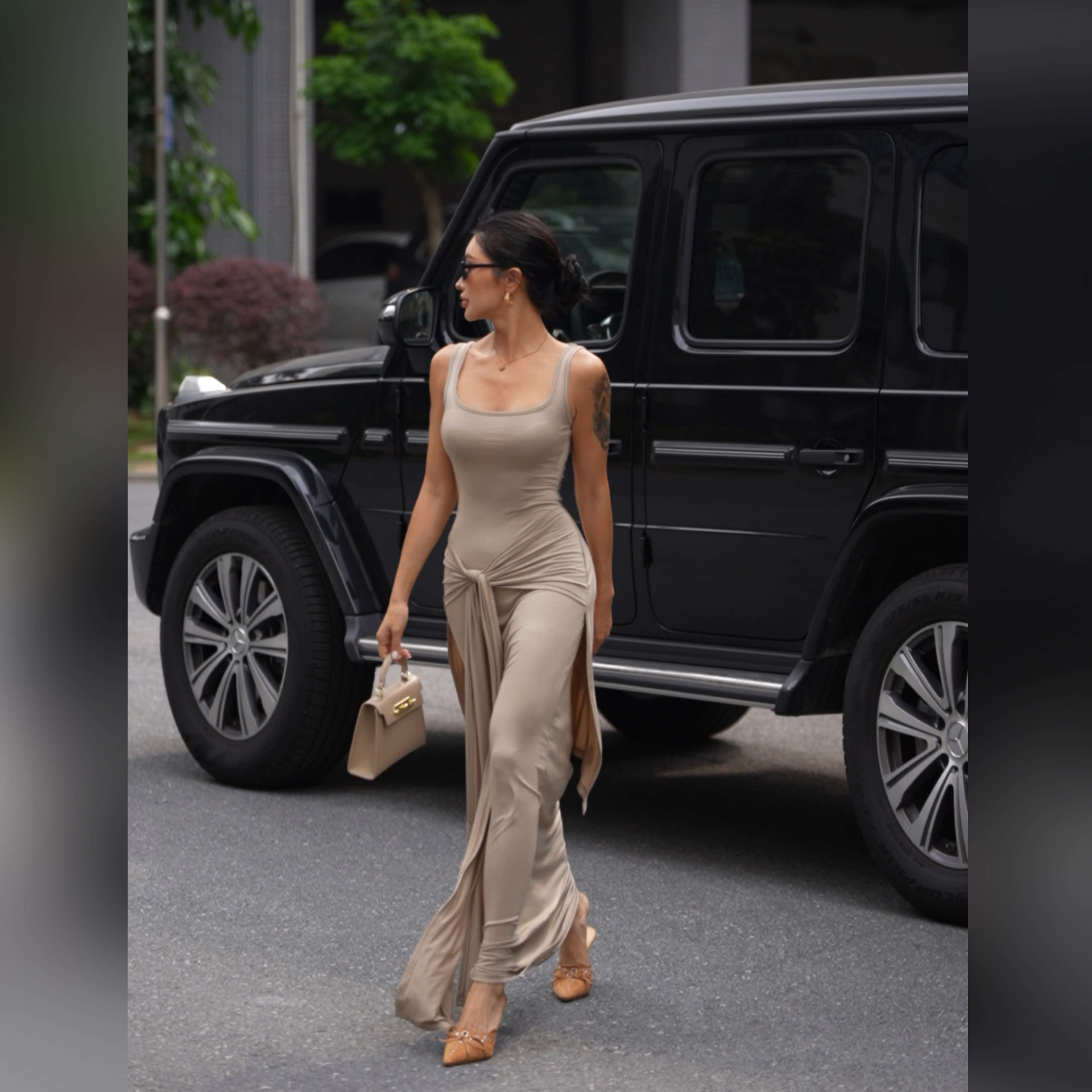 ロングワンピース シンプルドレープマキシワンピース