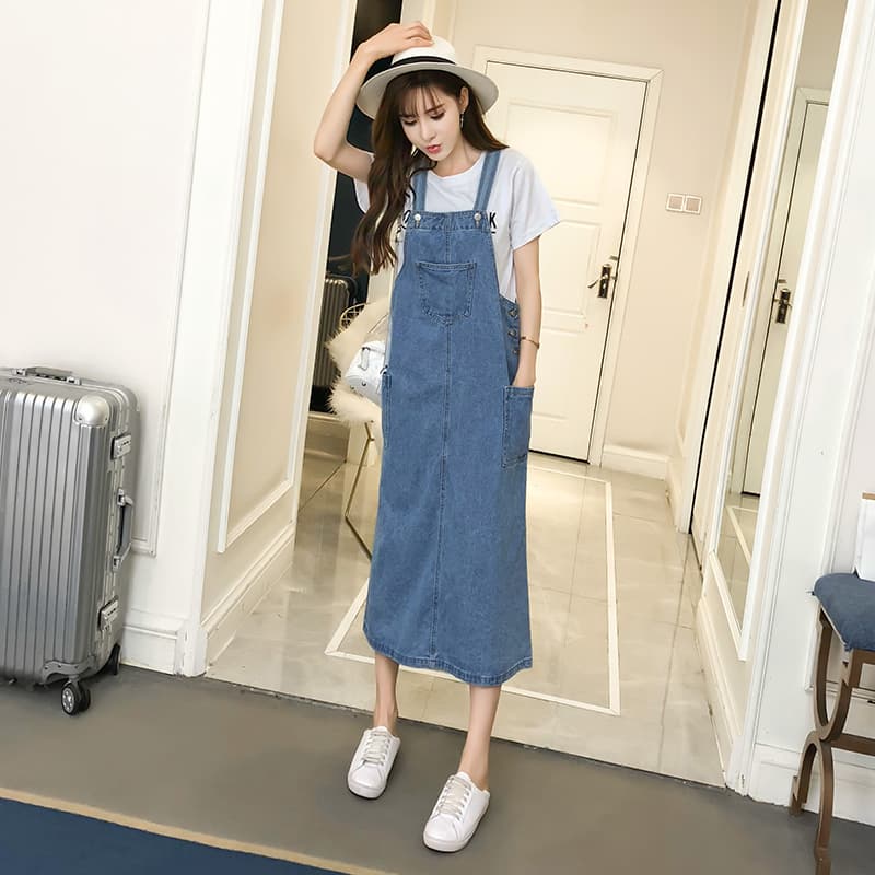 ロングワンピース デニム さわやか夏のデニムサロペットワンピース