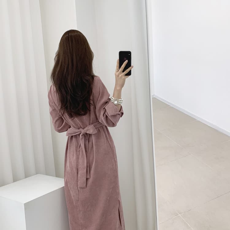ロングワンピース シンプル コーデュロイ マキシ ワンピース ウエストマーク