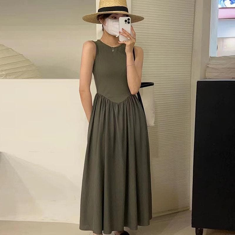 夏の新作ノースリーブロングワンピース人気フレアスカート