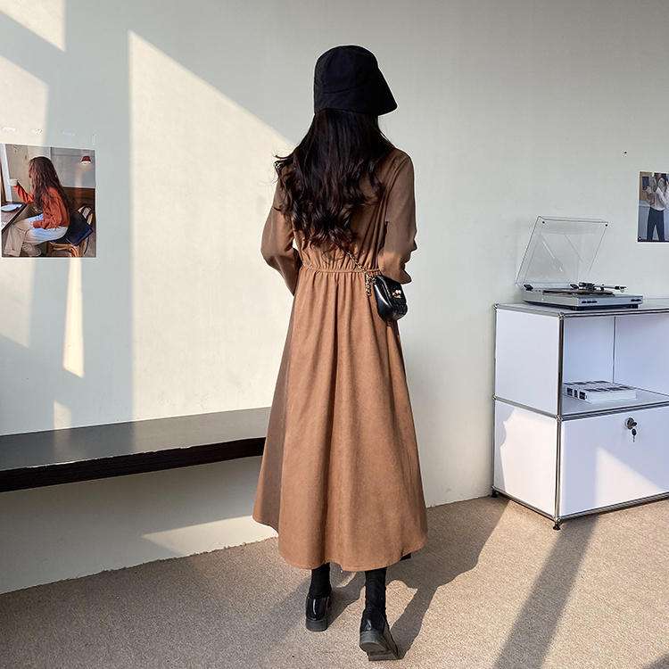 ロングワンピース シンプル襟付きギャザーワンピース