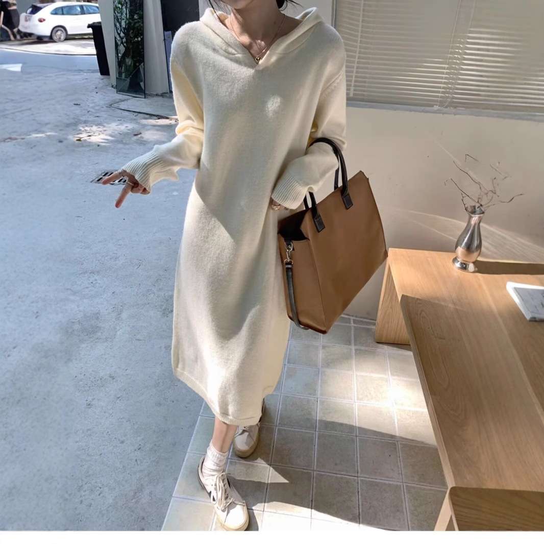 ロングワンピース カシミヤ混 リラックスフードワンピース