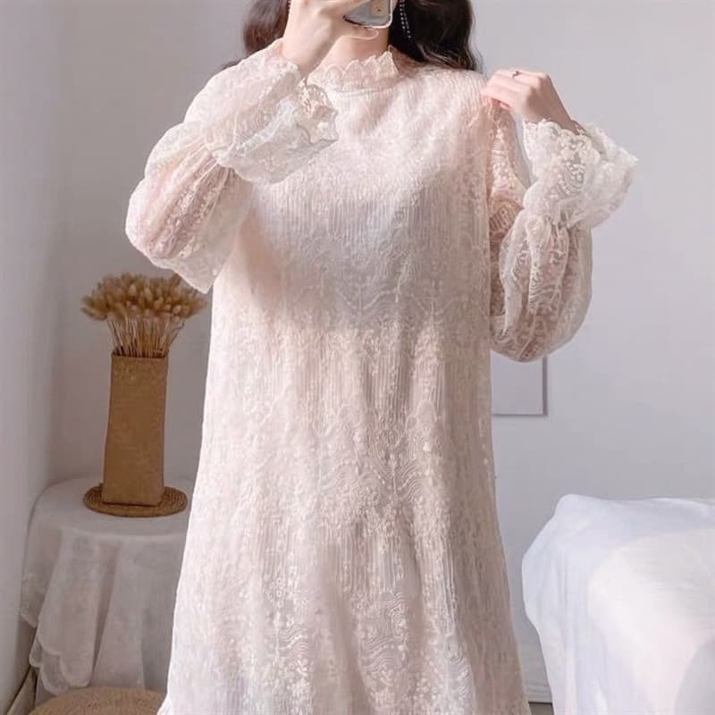 ロングワンピース 上品レース襟付きティアードロングワンピース