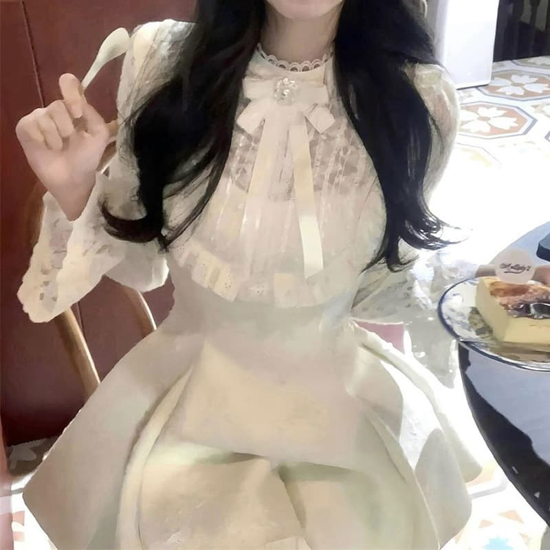 ロングワンピース 優美なレースフリルリボンワンピース