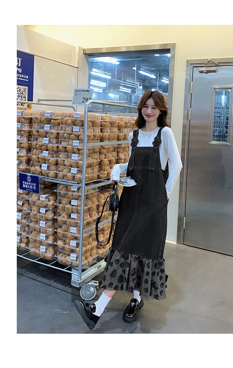 ロングワンピース ハートフリルデニムサロペットワンピース