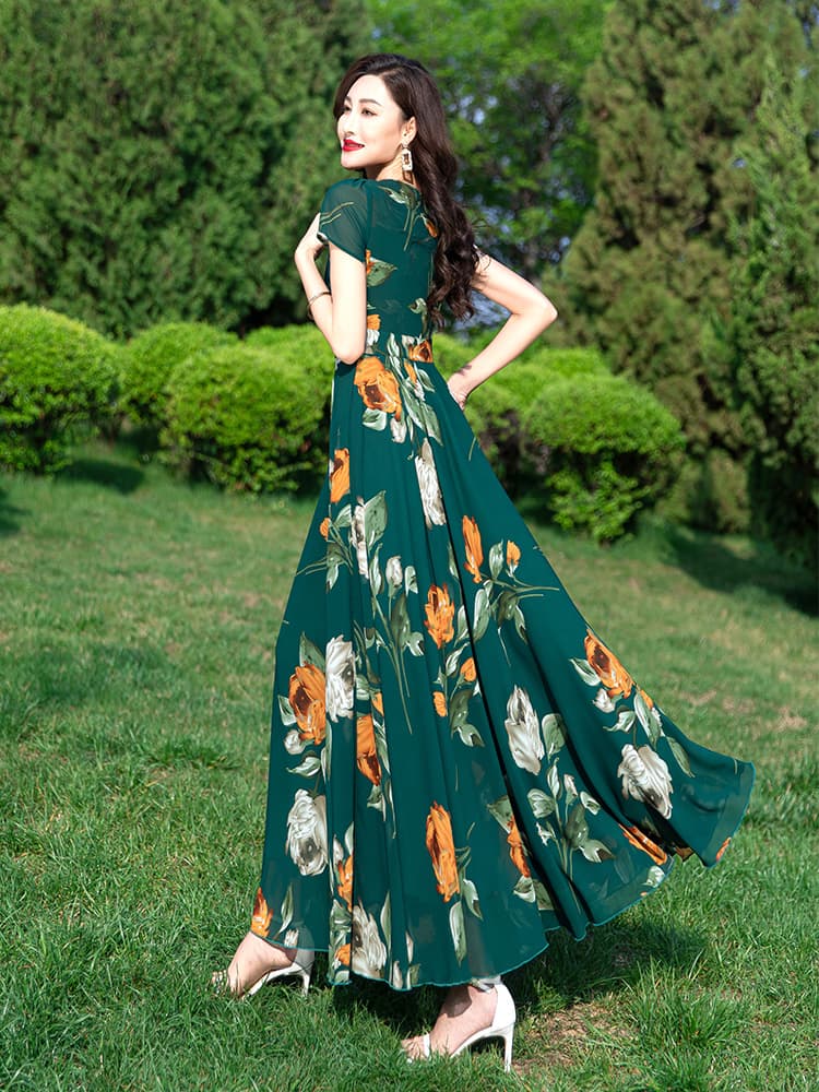 ロングワンピース レース 花柄フレアロングワンピース