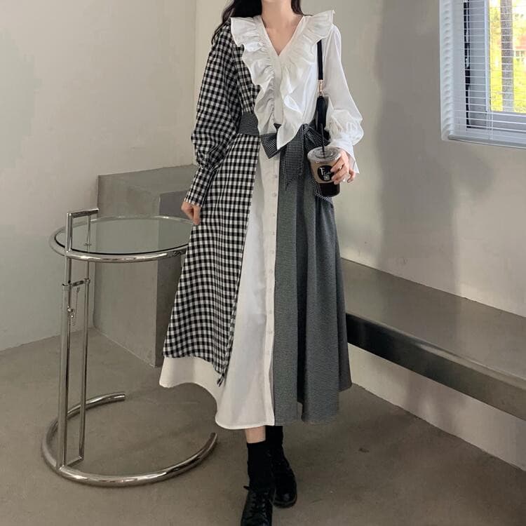 フリル襟ギンガムチェック切替ロングワンピース