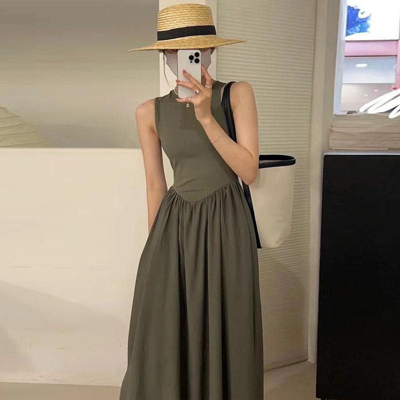 夏の新作ノースリーブロングワンピース人気フレアスカート