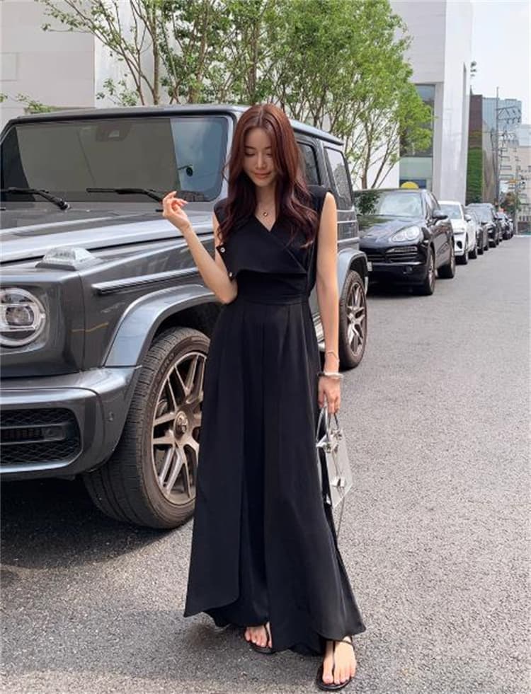 ロングワンピース 夏用ブイネックノースリーブウエスト絞りスリット入りワンピース