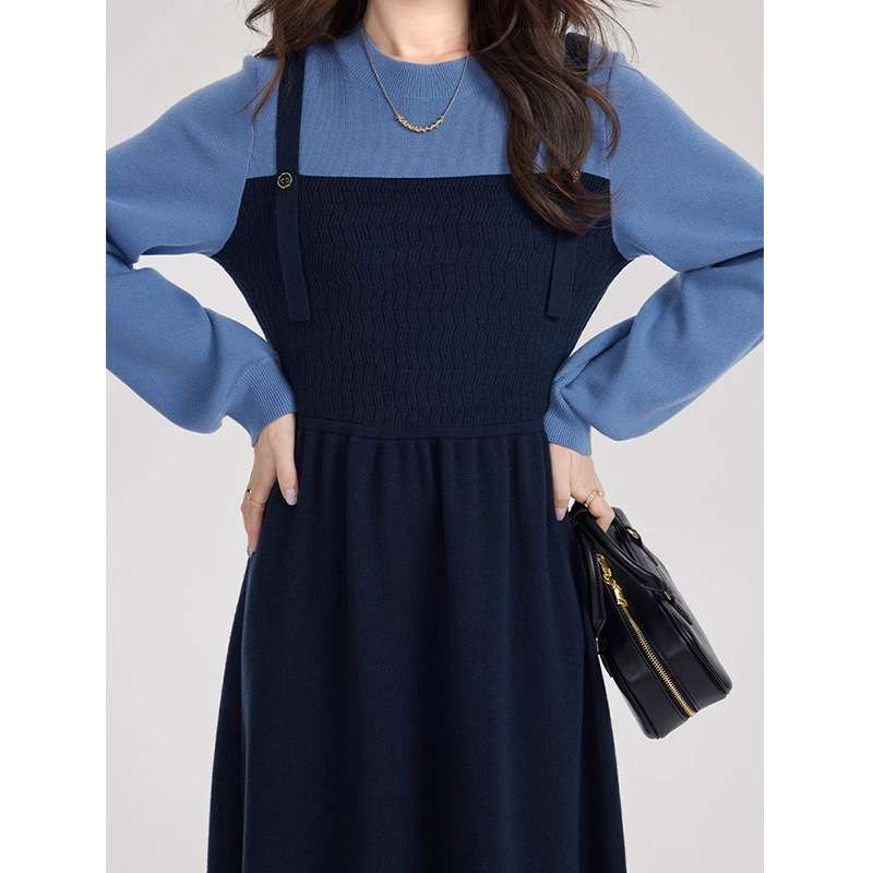 ロングワンピース ふんわり袖のコットンニットサロペットワンピース