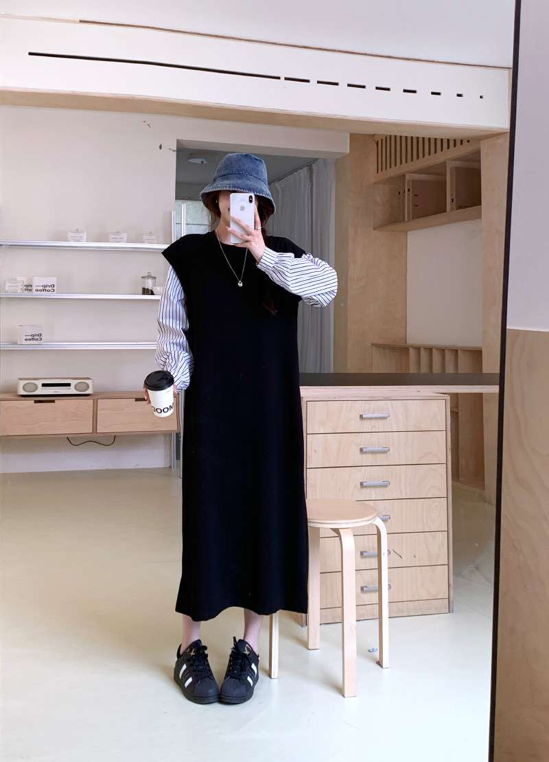 ロングワンピース ストライプ切替シームレスニットワンピース