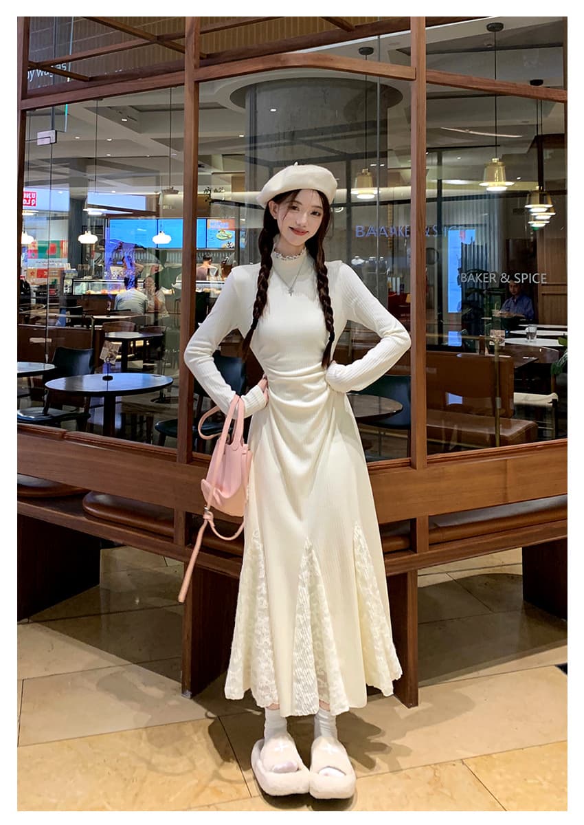 ロングワンピース 優美なフレア レースワンピース