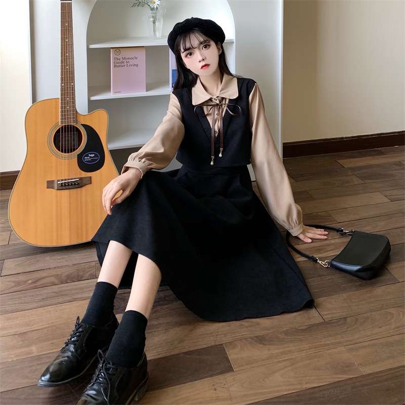 ロングワンピース 花束リボンカラー切替えセーラーワンピース