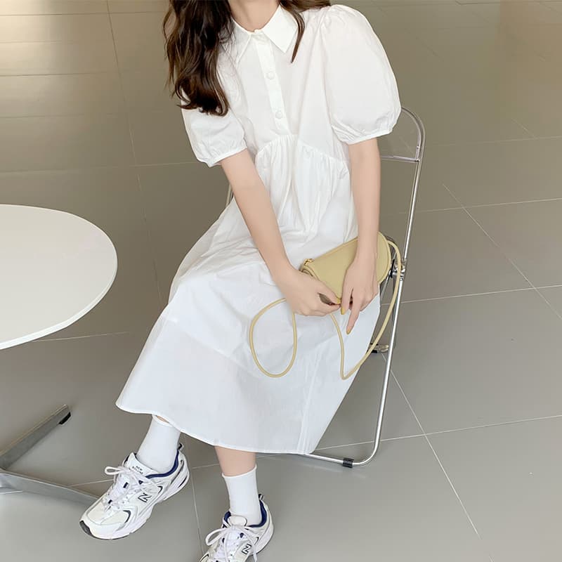 ロングワンピース シャツ パフスリーブ襟付きウエストギャザーシャツワンピース