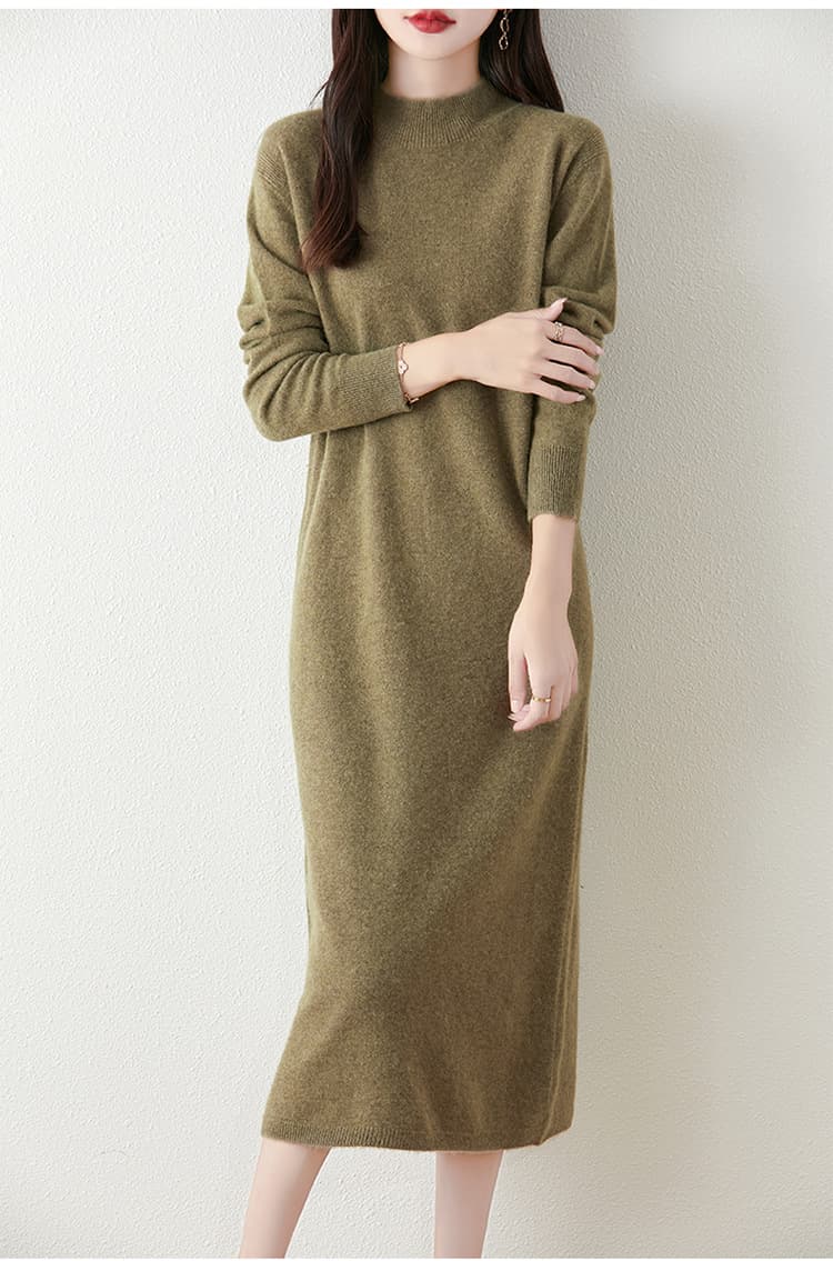 ロングワンピース 上質シンプル モックネックニットワンピース