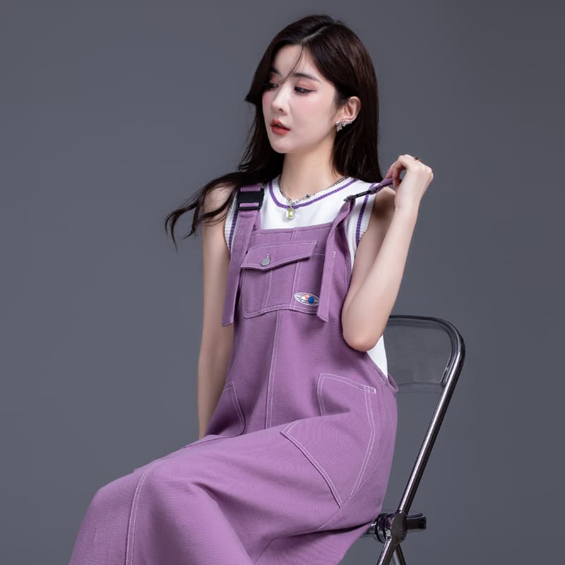 ロングワンピース デニム ゆったりシルエットサロペットワンピース