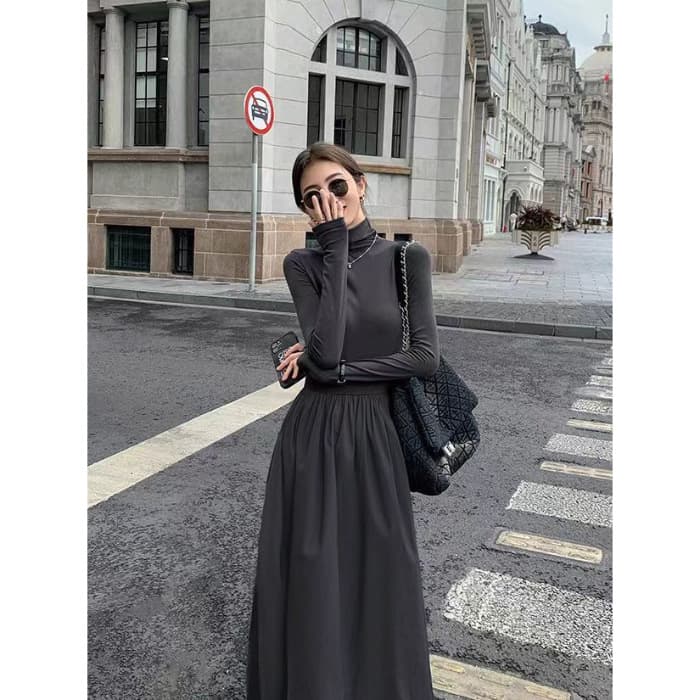 ロングワンピース タートルネックニットロング