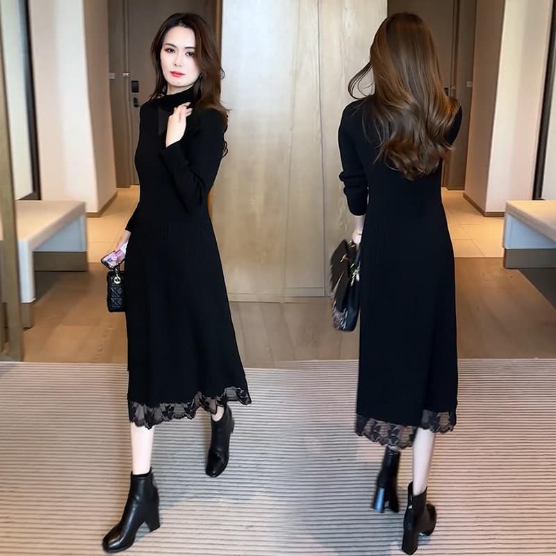 ロングワンピース レース 優美レース裾ミディ丈ワンピース
