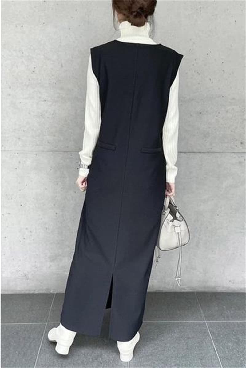 ロングワンピース 上品ノースリーブ ベストワンピース 深めブイネック ロング丈 通勤