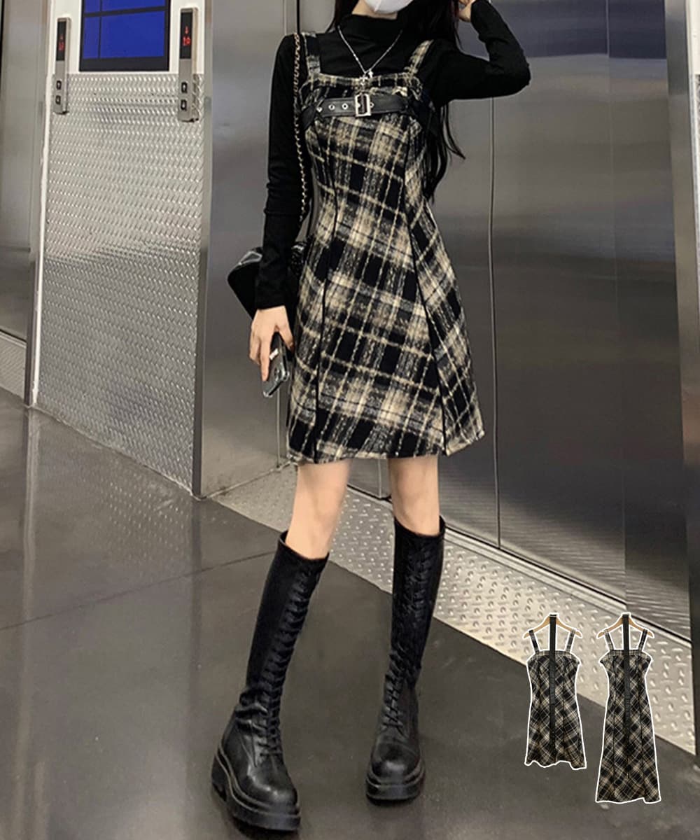 ロングワンピース チェック柄フレアサスペンダーワンピース