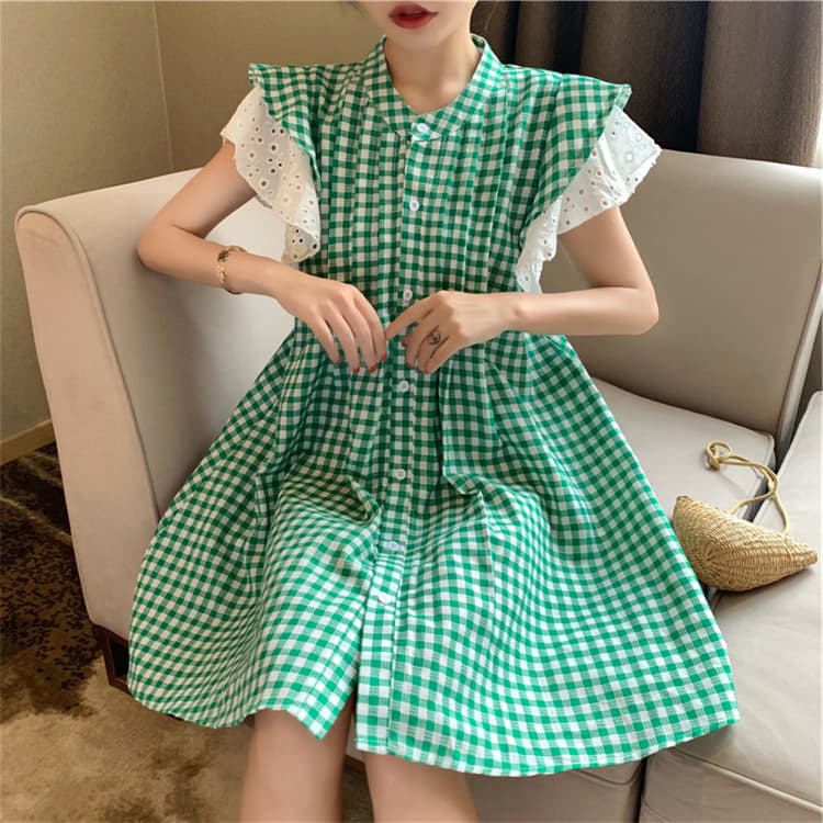 ロングワンピース 緑色格子柄シャツワンピース上品ゆったり袖フリル付き