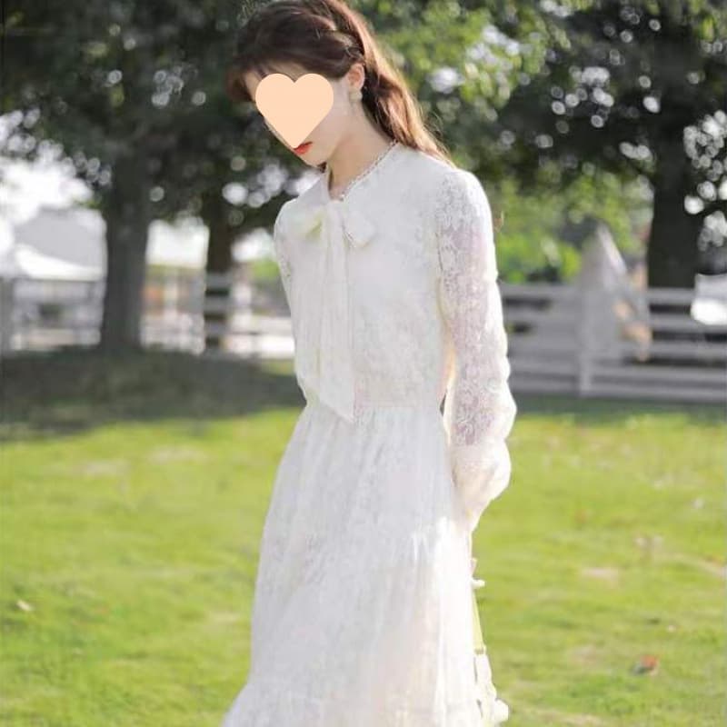 ロングワンピース 心落ち着く優美なリボンレースワンピース
