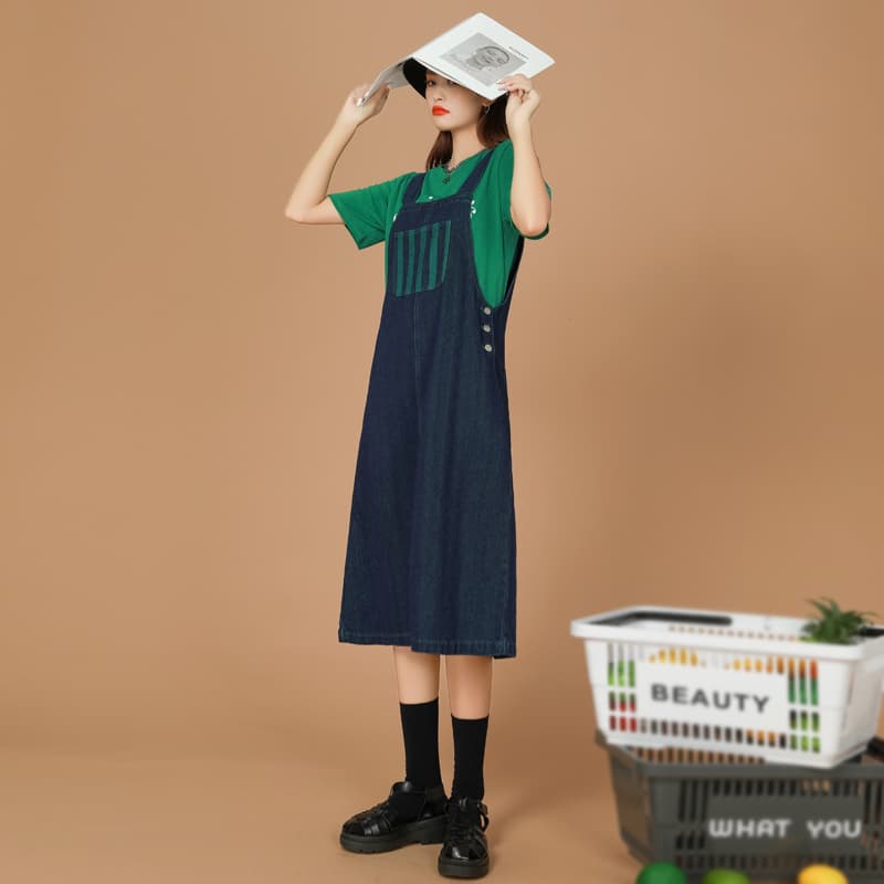 ロングワンピース デニム ゆったりシルエットサロペットワンピース