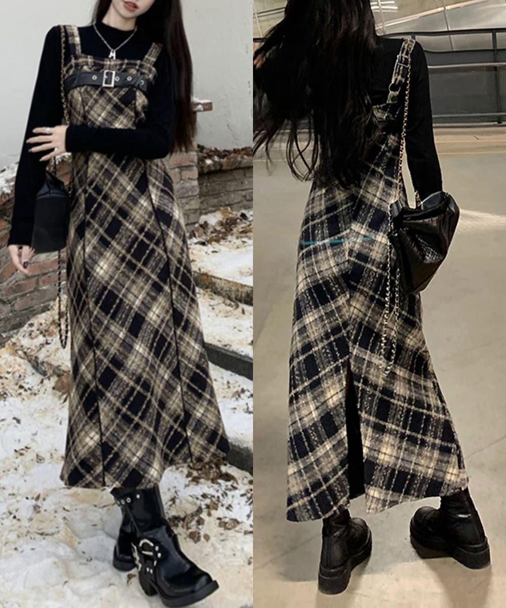 ロングワンピース チェック柄フレアサスペンダーワンピース