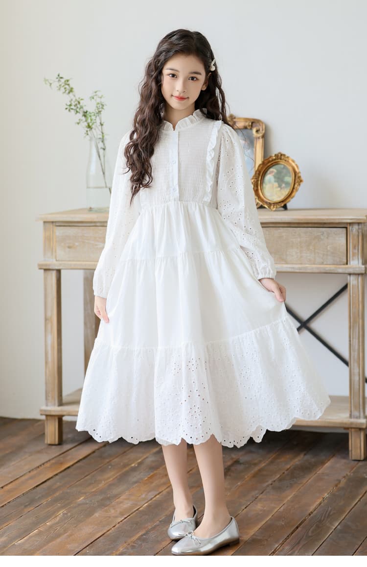 ロングワンピース ふんわり姫袖レース切替ティアードワンピース