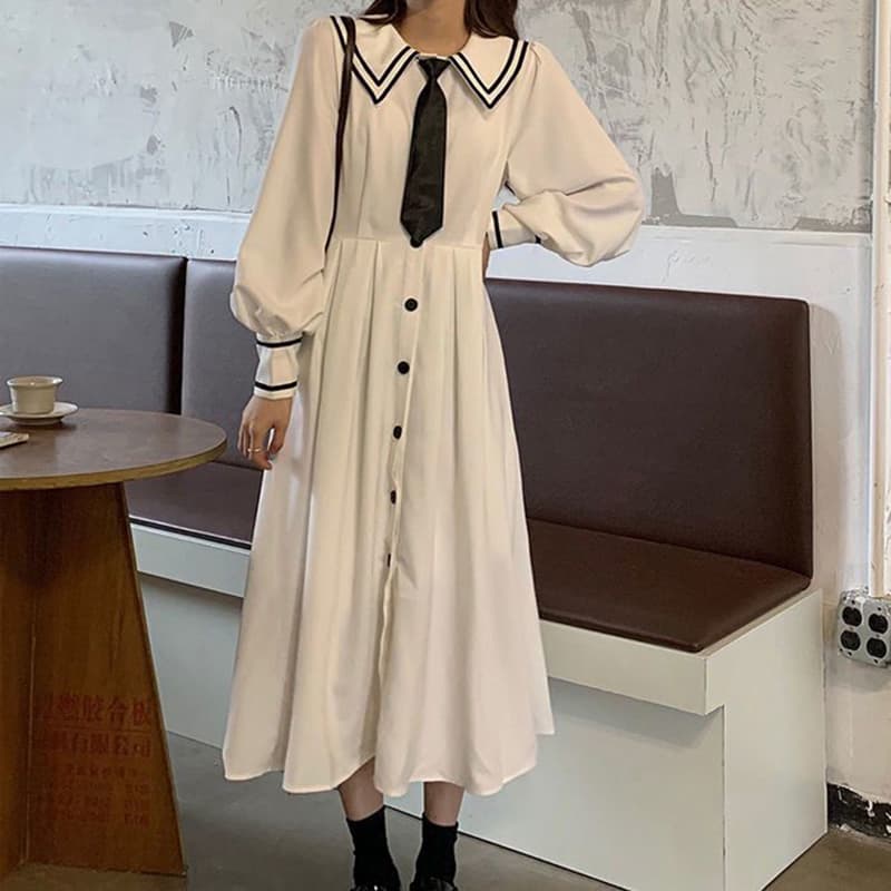 ロングワンピース シャツ セーラー襟ネクタイ付きロングシャツワンピース