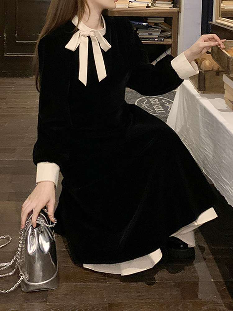 ロングワンピース レトロリボンベルベットミディアムワンピース